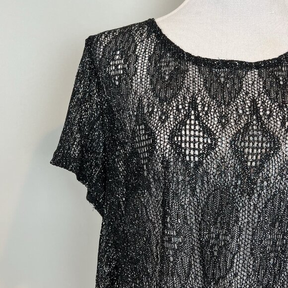 Women’s Large Black Navy Glitter Crochet Mesh Crop Top Short Sleeve Shirt - Picture 4 of 10